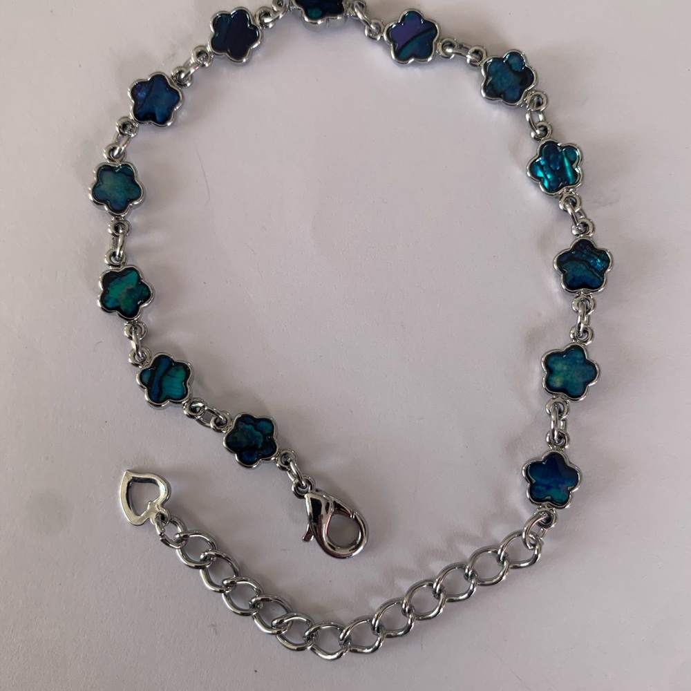 Abalone Shell Blue Flower Link Silver Plated Brac… - image 4
